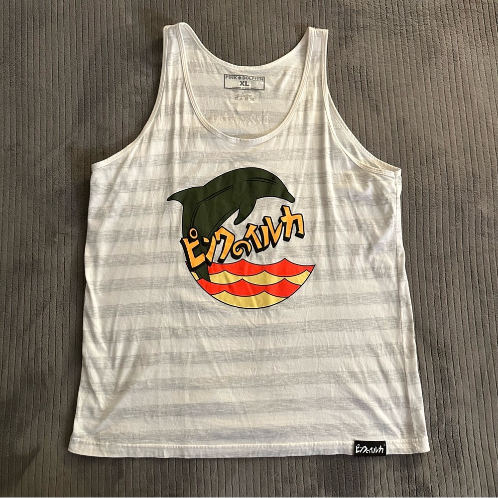White and Grey Striped Pink Dolphin Graphic Tank Top Size XL